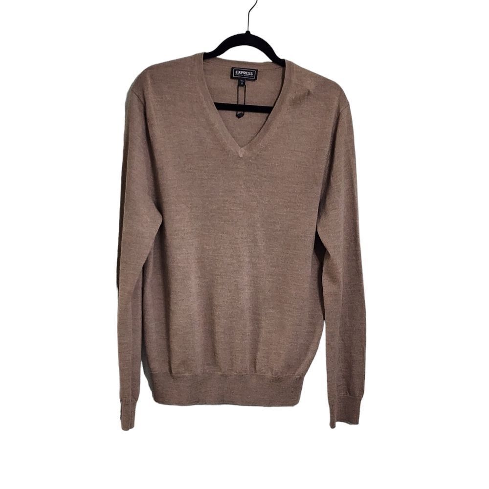 Express mens tan merino wool v-neck sweater Sz M